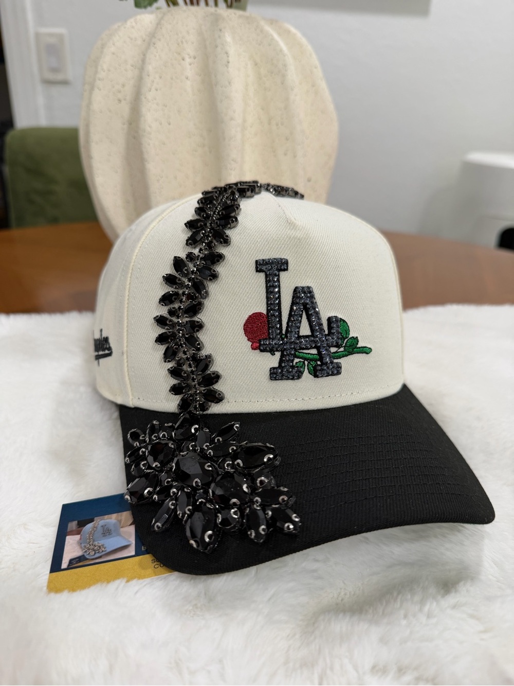 New Era LA Embellished Cap in Cream and Black with Red & Green Accent